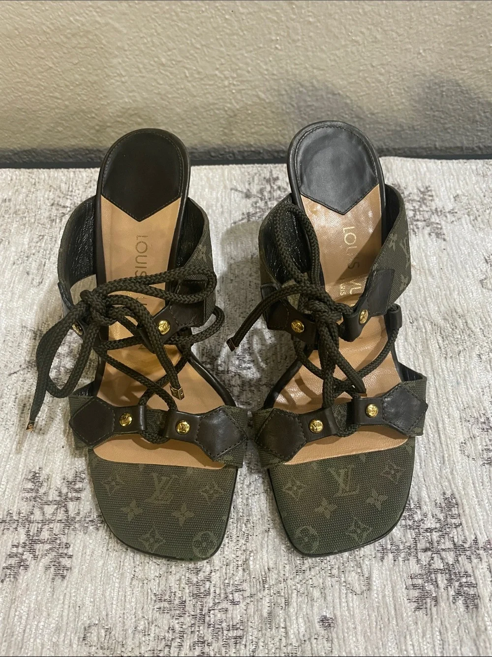 Louis Vuitton Olive Monogram Lace-Up Wedge Sandals with Gold Accents